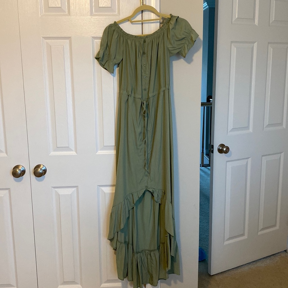 Short sleeve off the shoulder high low green dress
